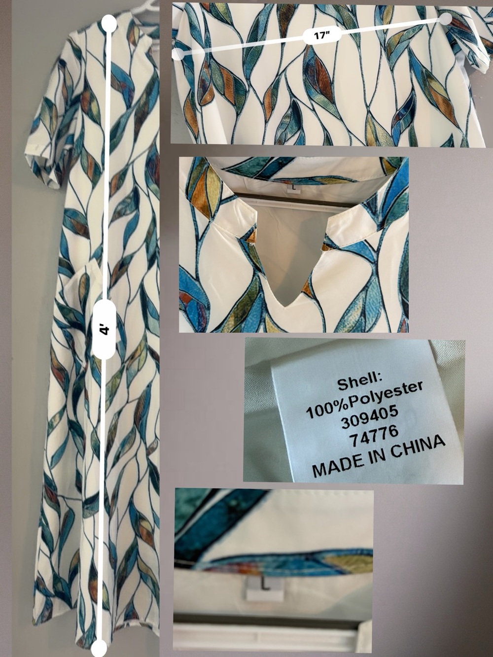 Stained Glass Leaf Print Maxi Dress L Pockets Coastal Boho Vacation - Picture 5 of 5